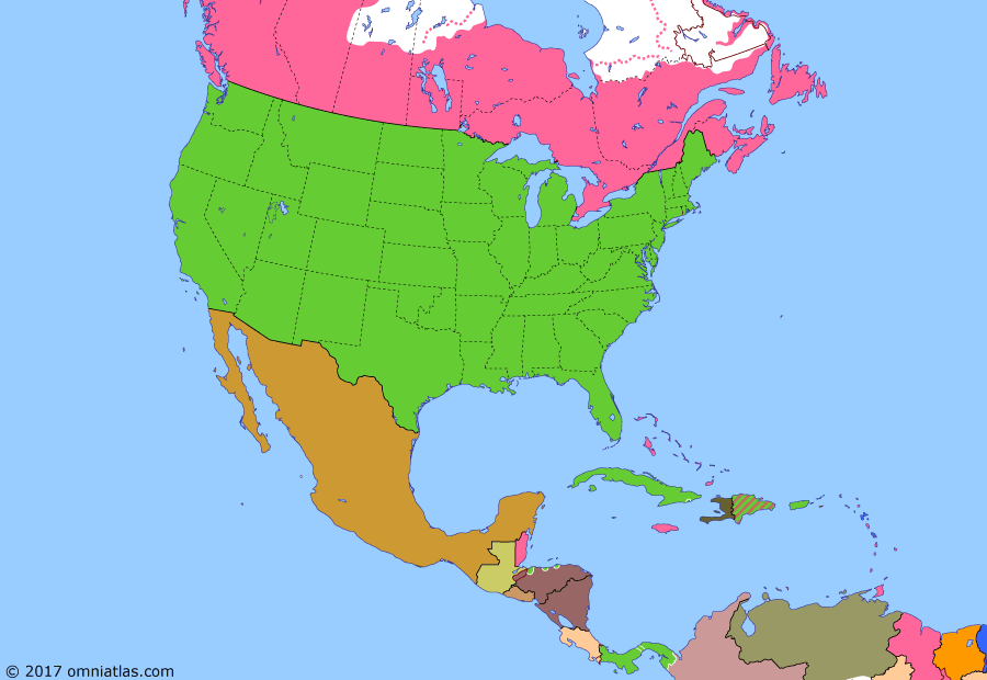 Political map of North America & the Caribbean on 14 Apr 1907 (American Empire: Nicaragua-Honduras War), showing the following events: US protectorate over Dominican Republic; Battle of Tsushima; Provinces of Alberta and Saskatchewan; Keewatin joins NW Territories; Mexican Clipperton colony; Second Occupation of Cuba; Nicaragua-Honduras War.