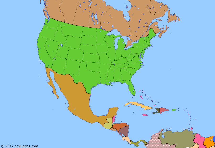 Political map of North America & the Caribbean on 04 Apr 1949 (American Superpower: North Atlantic Treaty), showing the following events: Greek Civil War; Truman Doctrine; Red Scare in US; Costa Rican Civil War; Organization of American States; Marshall Plan; Berlin Blockade; Newfoundland Act; North Atlantic Treaty.