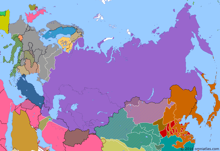 Political map of Russia & the former Soviet Union on 04 Jul 1943 (The Great Patriotic War: Germany at Bay: Battle of Kursk), showing the following events: Surrender of the Sixth Army; Third Battle of Kharkov; Battle of Kursk.