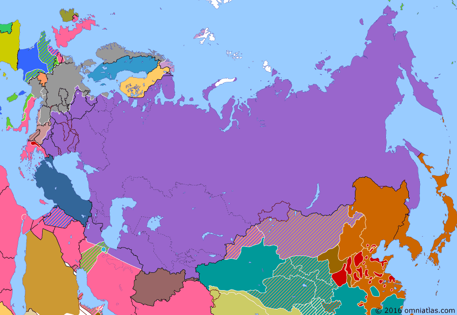 Political map of Russia & the former Soviet Union on 08 Feb 1945 (The Great Patriotic War: Germany at Bay: From the Vistula to the Oder), showing the following events: Belgrade Offensive; Soviet Union annexes Tuvan People’s Republic; Operation Manna; Budapest Offensive; Second East Turkestan Republic; Battle of the Bulge; Vistula–Oder Offensive; Yalta Conference.