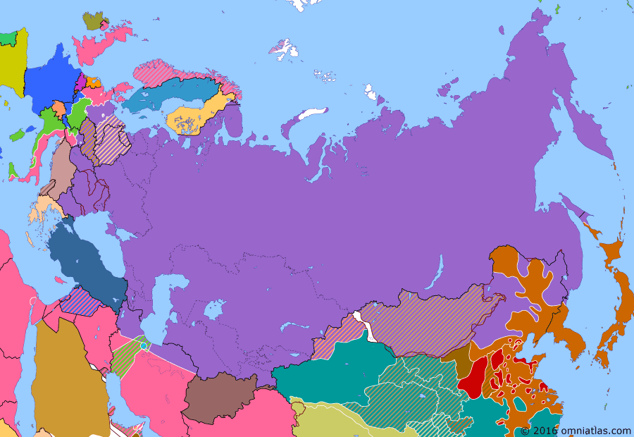 Political map of Russia & the former Soviet Union on 15 Aug 1945 (The Great Patriotic War: Germany at Bay: Soviet Attack on Japan), showing the following events: Allied division of Germany; Atomic bombing of Hiroshima; Soviet invasion of Manchuria; Invasion of South Sakhalin; Sino-Soviet Treaty of Friendship and Alliance; Jewel Voice Broadcast.